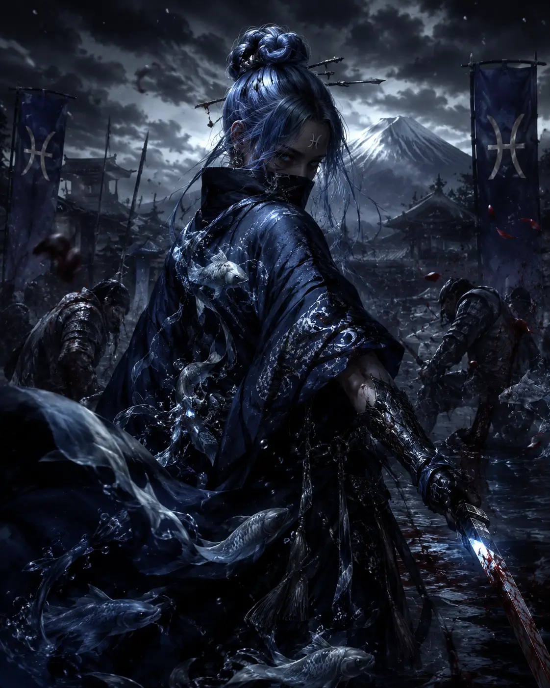 Cold calculating assassin standing amid an intense battle