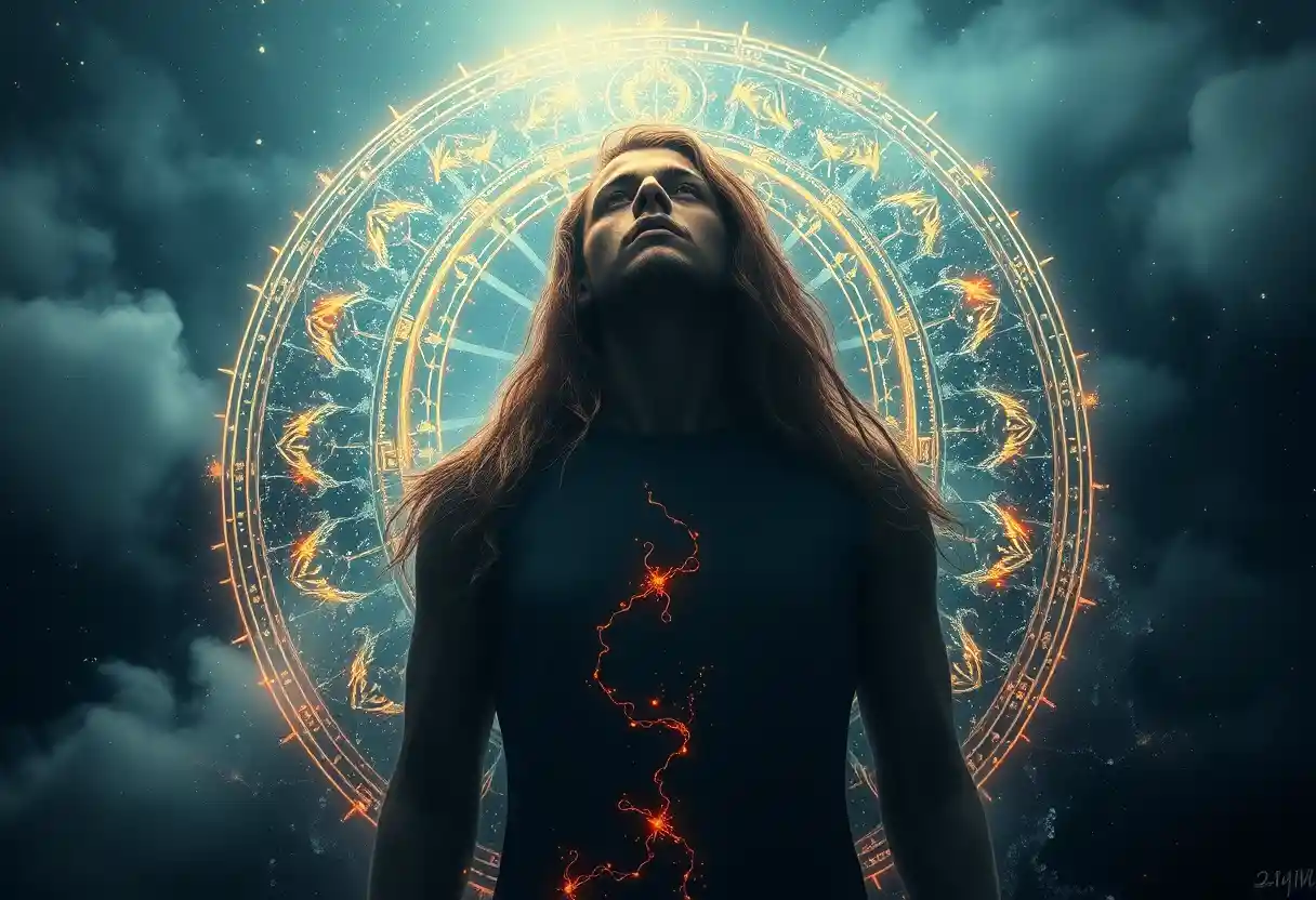 Full body woman linked to a glowing cosmic water cycle
