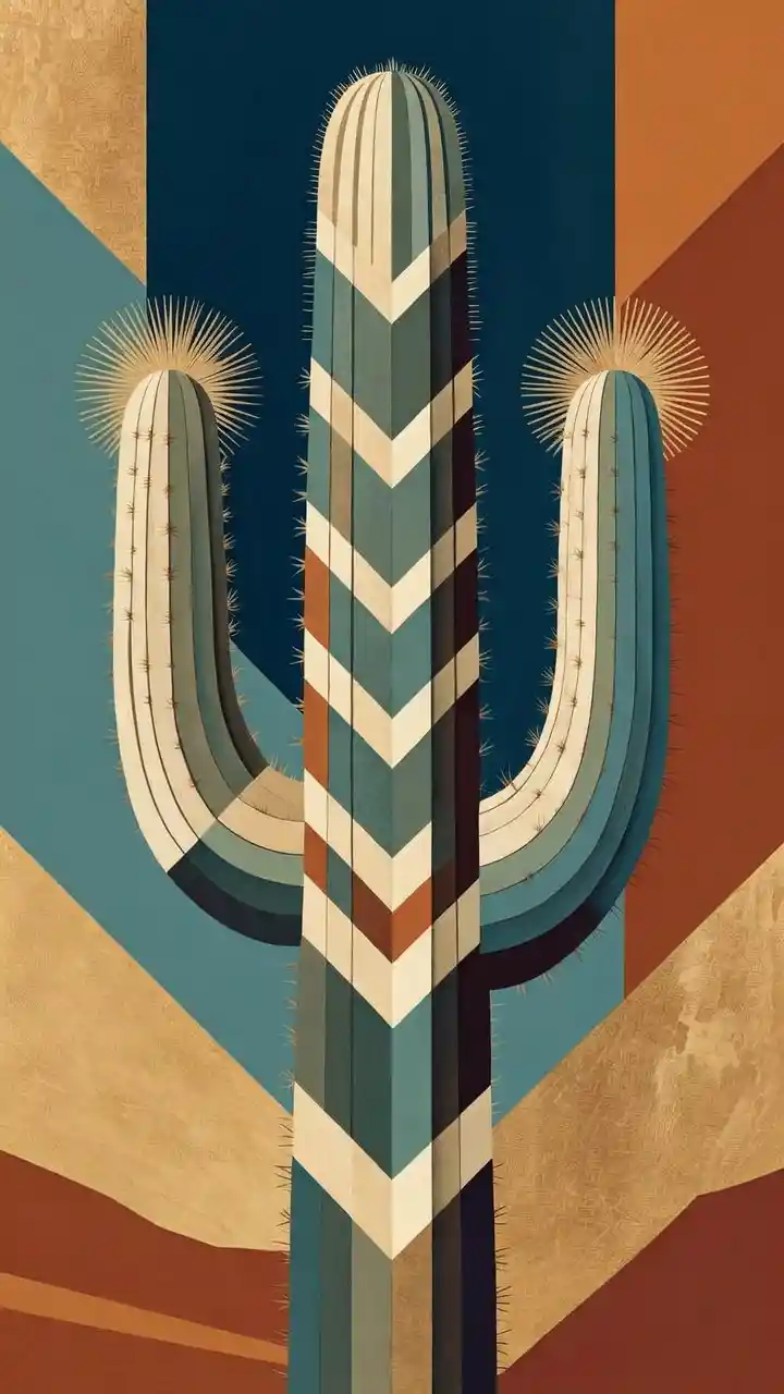 Art Deco cactus illustration with geometric vertical design
