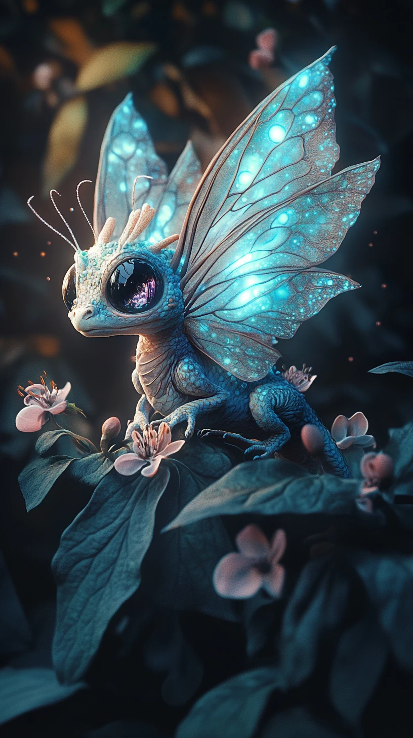 Small dragon with moth wings in a dark glowing forest