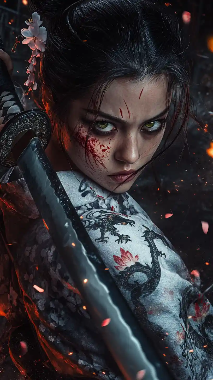 Fierce female samurai drawing her katana amid embers
