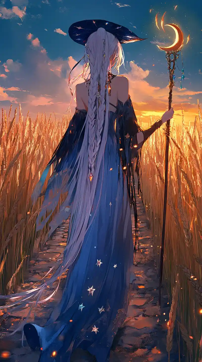 Anime girl in silver dress on dusk wheat road