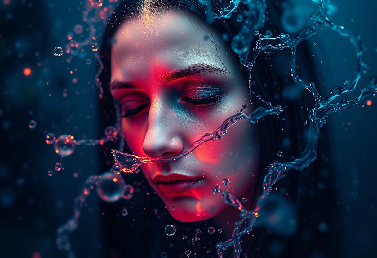 Woman entwined with luminous cosmic water and rainbow mist