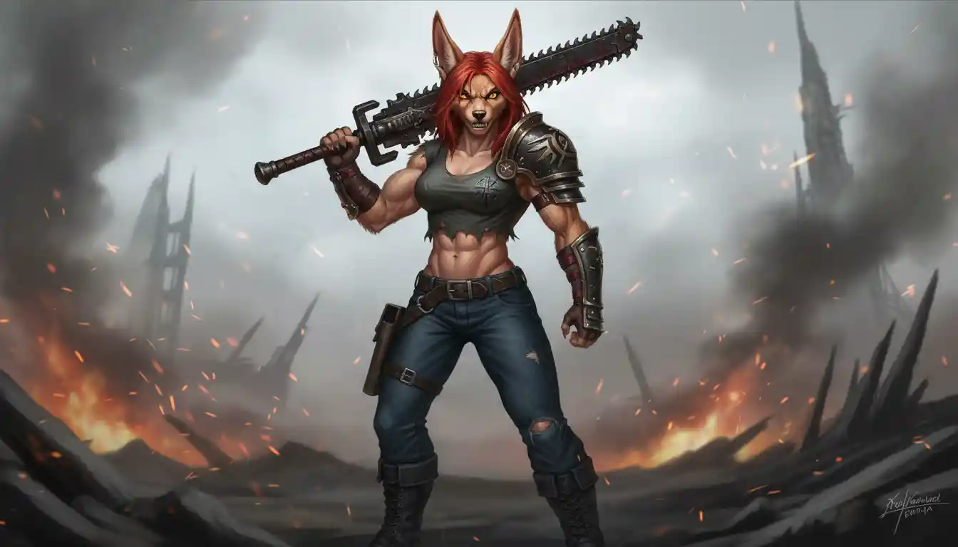 Armored jackal warrior woman with fiery red hair