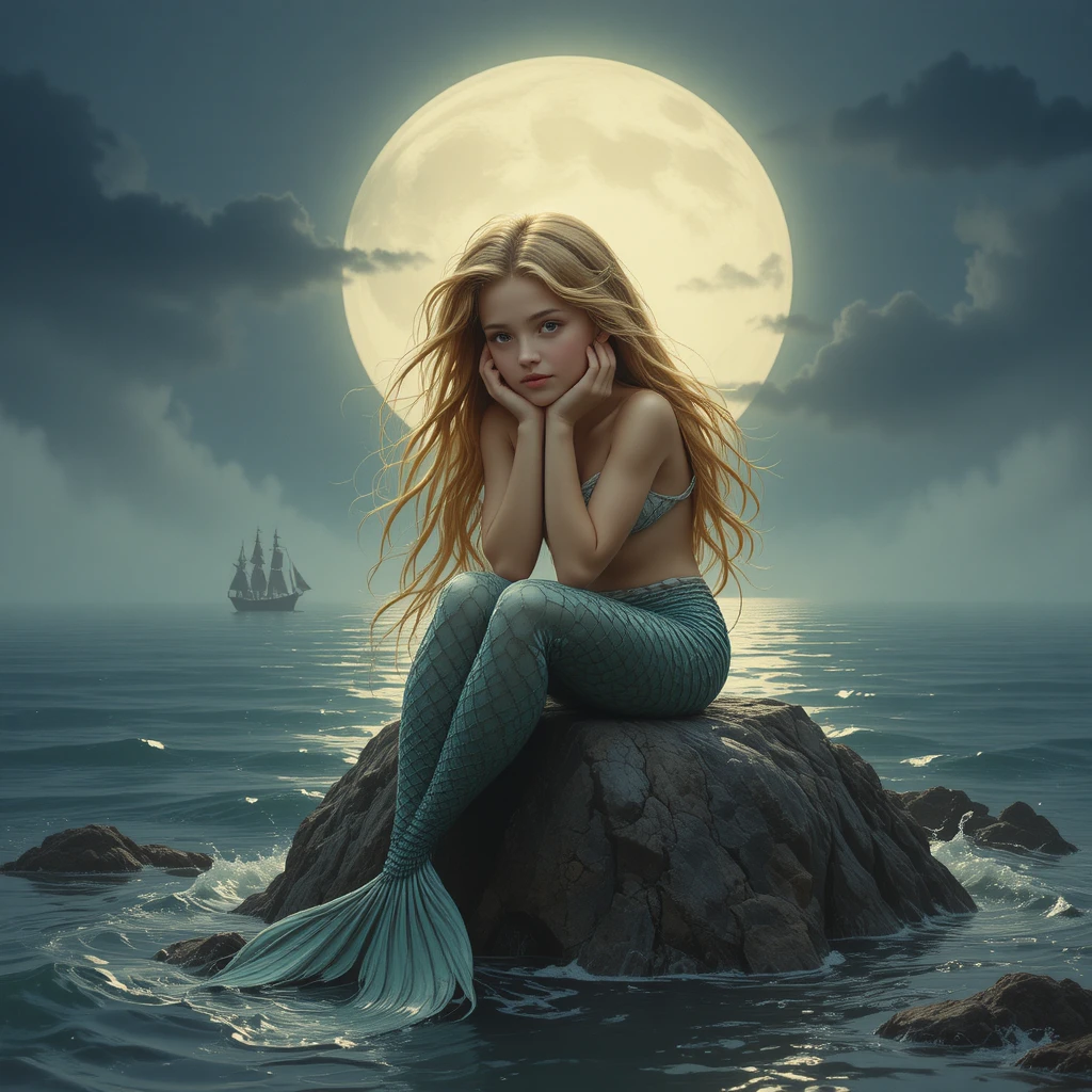 Little mermaid resting on a sea rock under moonlight