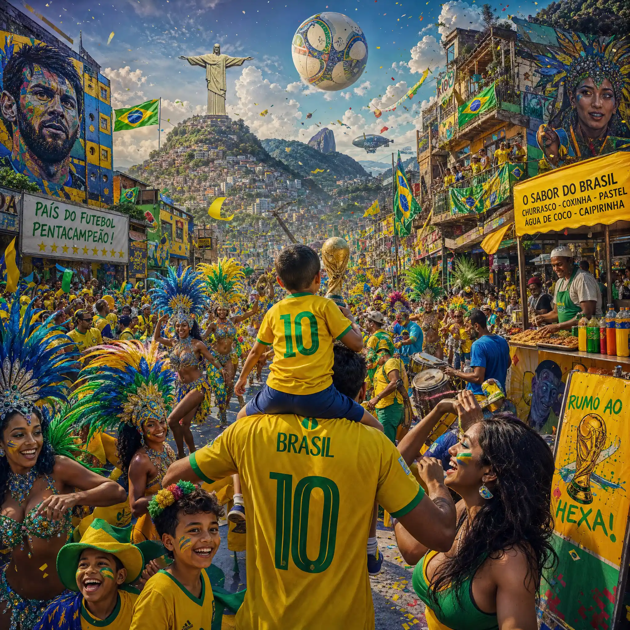 Brazilian fans celebrating on a colorful city street
