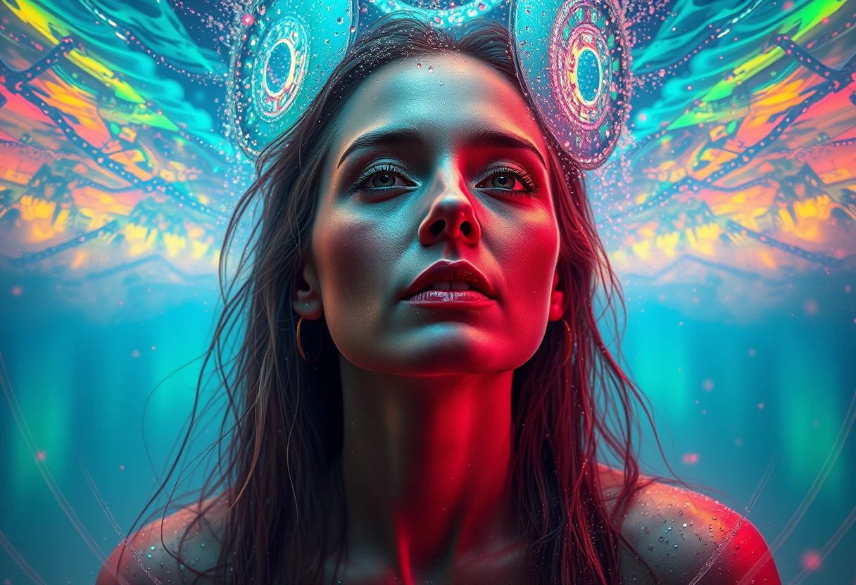 Woman fused with a cosmic rainbow water vortex