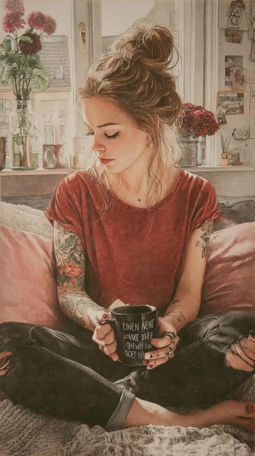 Thoughtful young woman with coffee in warm watercolor room