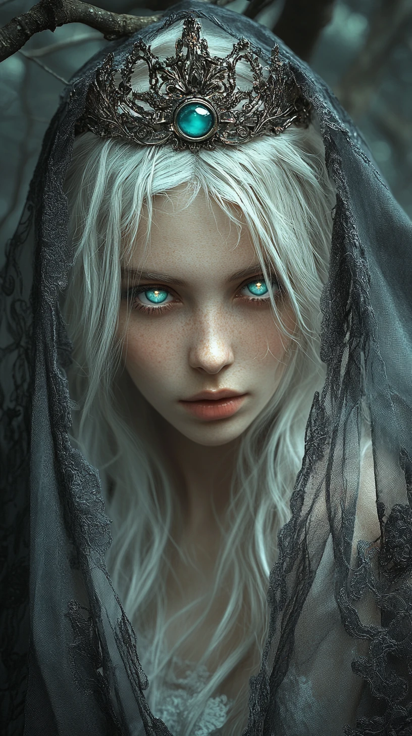 Ethereal crowned woman in a misty enchanted forest