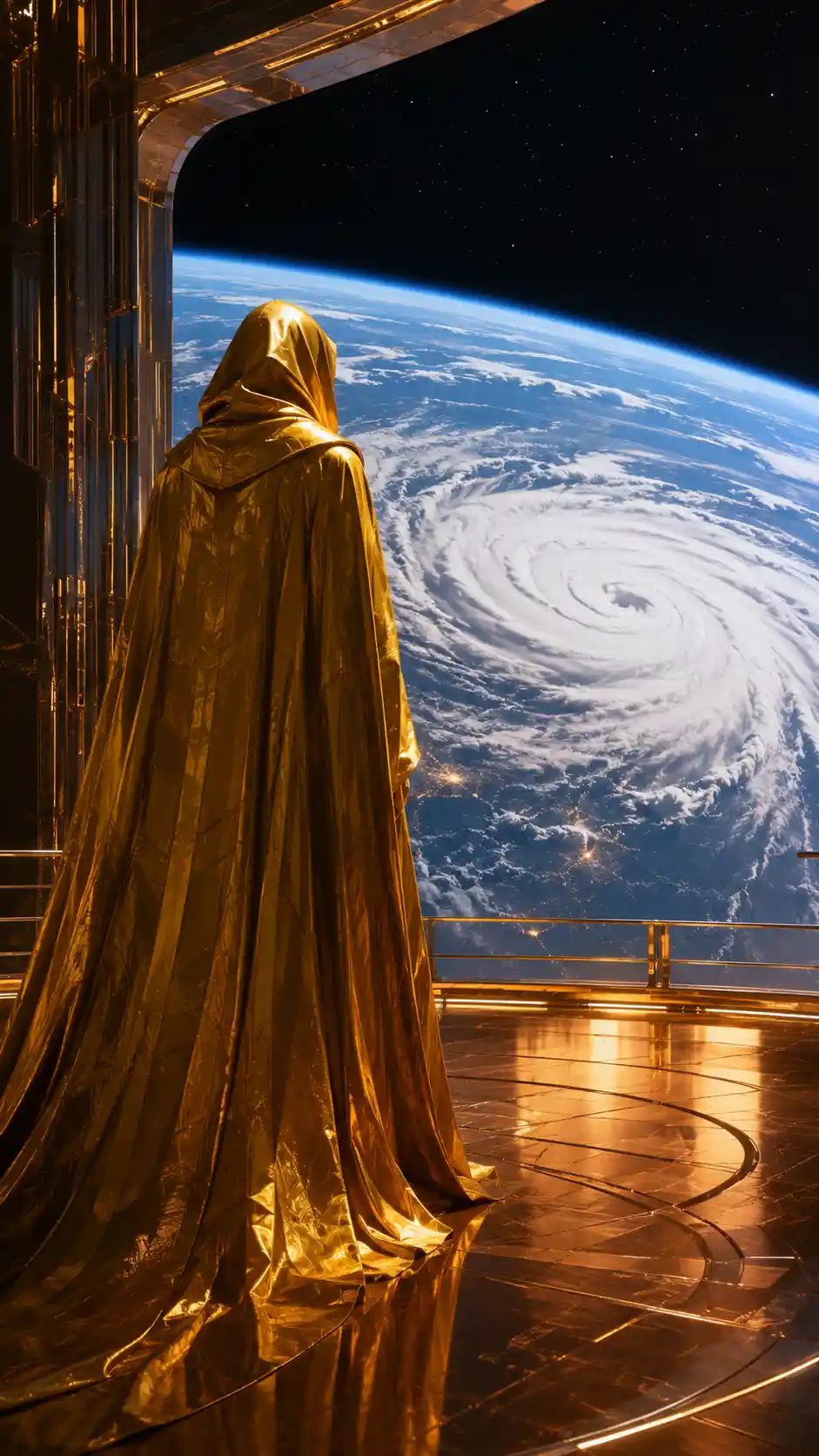 Figura encapuzada em deck luminoso observando a Terra tempestuosa