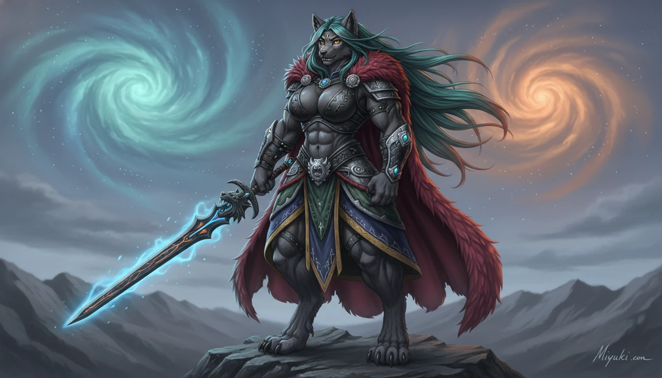 Regal primordial werewolf queen with teal hair and sword