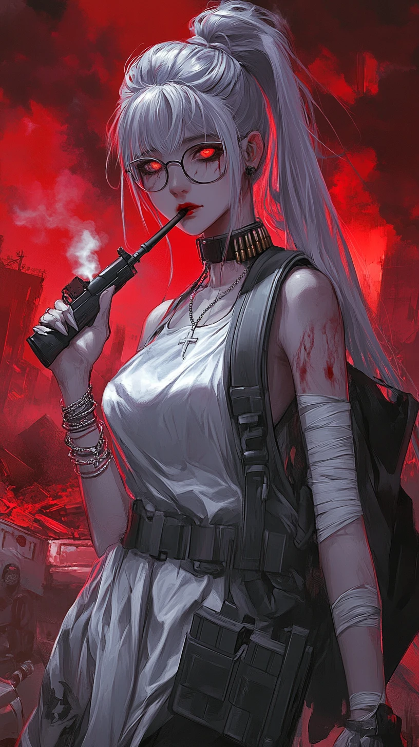 Ghostly girl in silver bandaged dress with dark smile