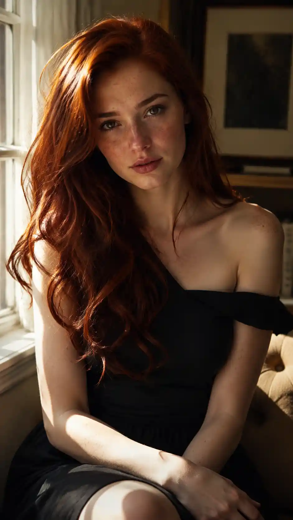 Young woman with red hair in soft cinematic window light