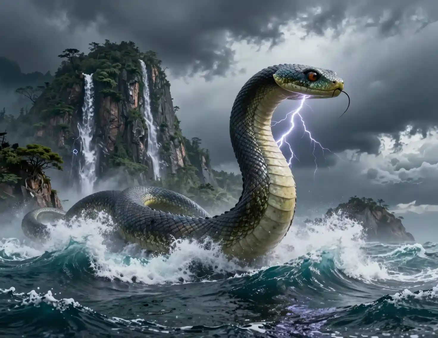Colossal sea serpent rising from a raging storm ocean