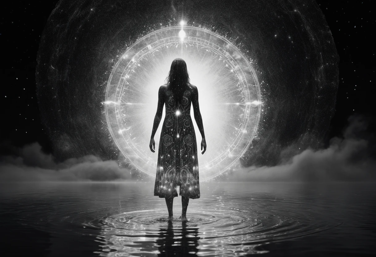 Donna a figura intera collegata a un luminoso ciclo d’acqua cosmico