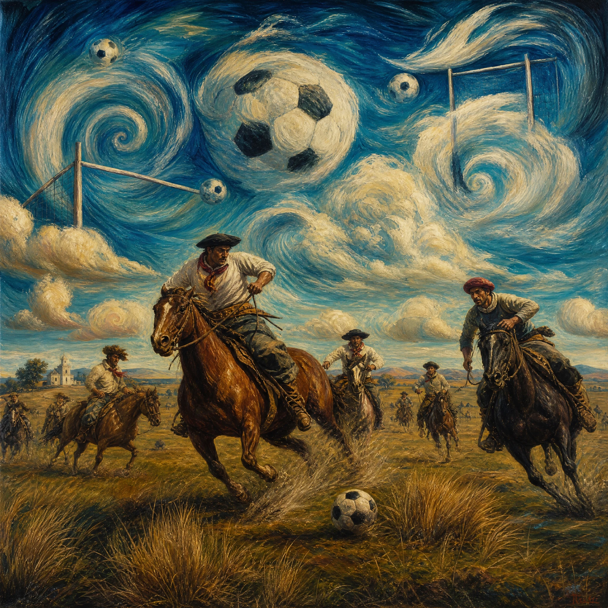 Surreal gauchos playing football on the Argentinian pampas