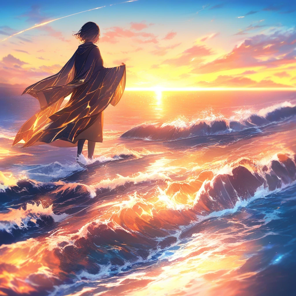 Peaceful golden shoreline at sunset with gentle waves