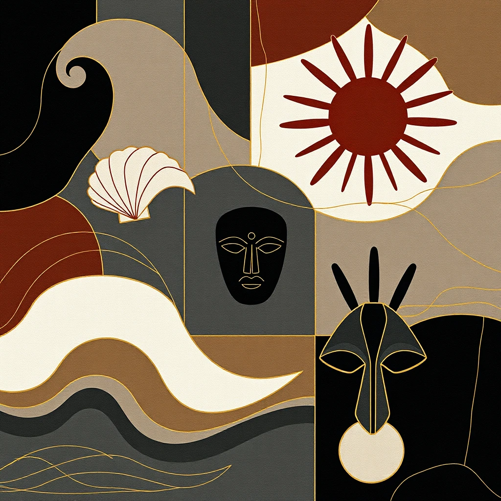 Abstract beach collage with tribal masks and ocean motifs