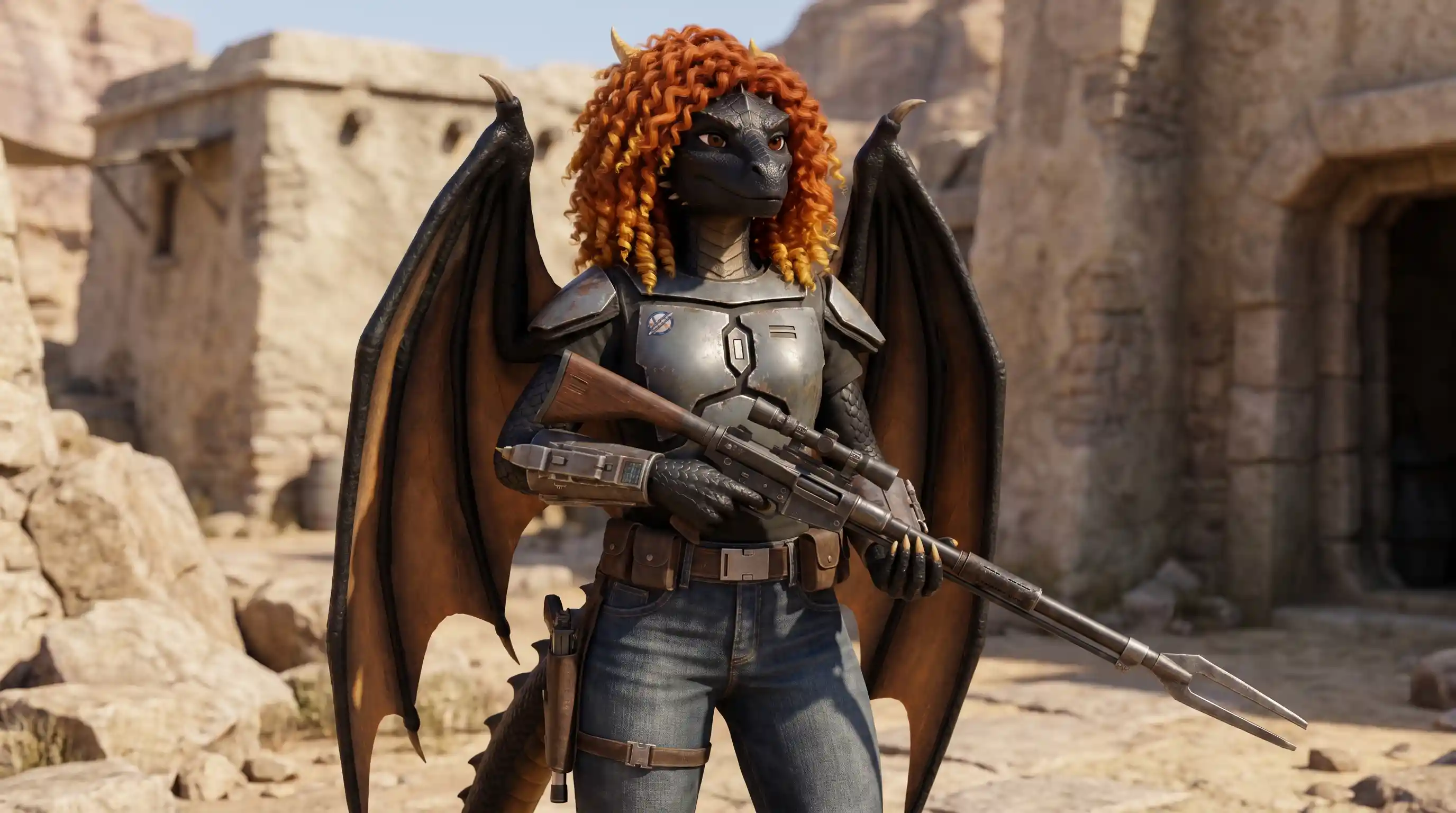 Brave female Mandalorian dragon warrior with rifle and armor