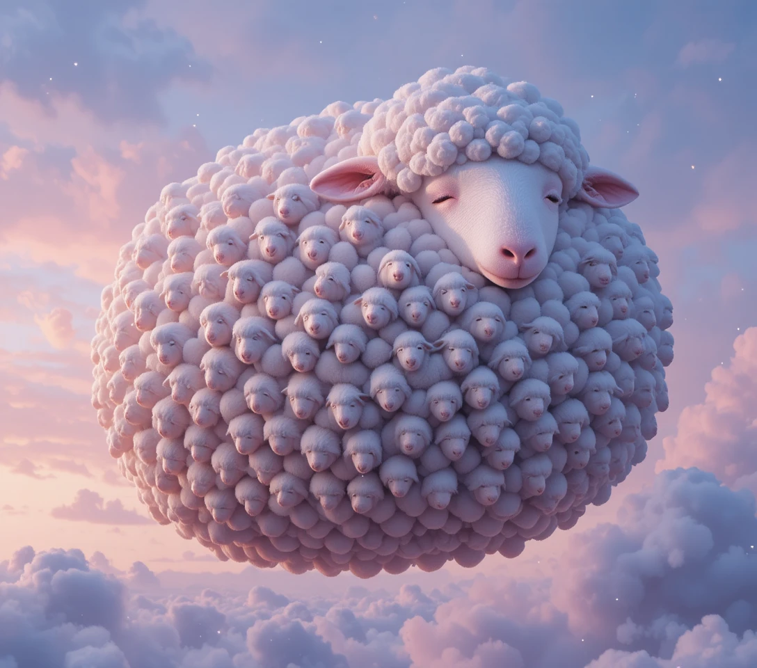Floating sheep of tiny lambs in a pastel twilight sky