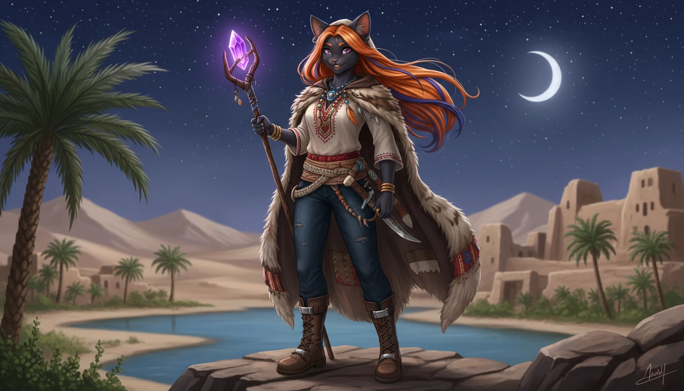 Cheerful Yemeni cat shaman girl with orange hair and weapons
