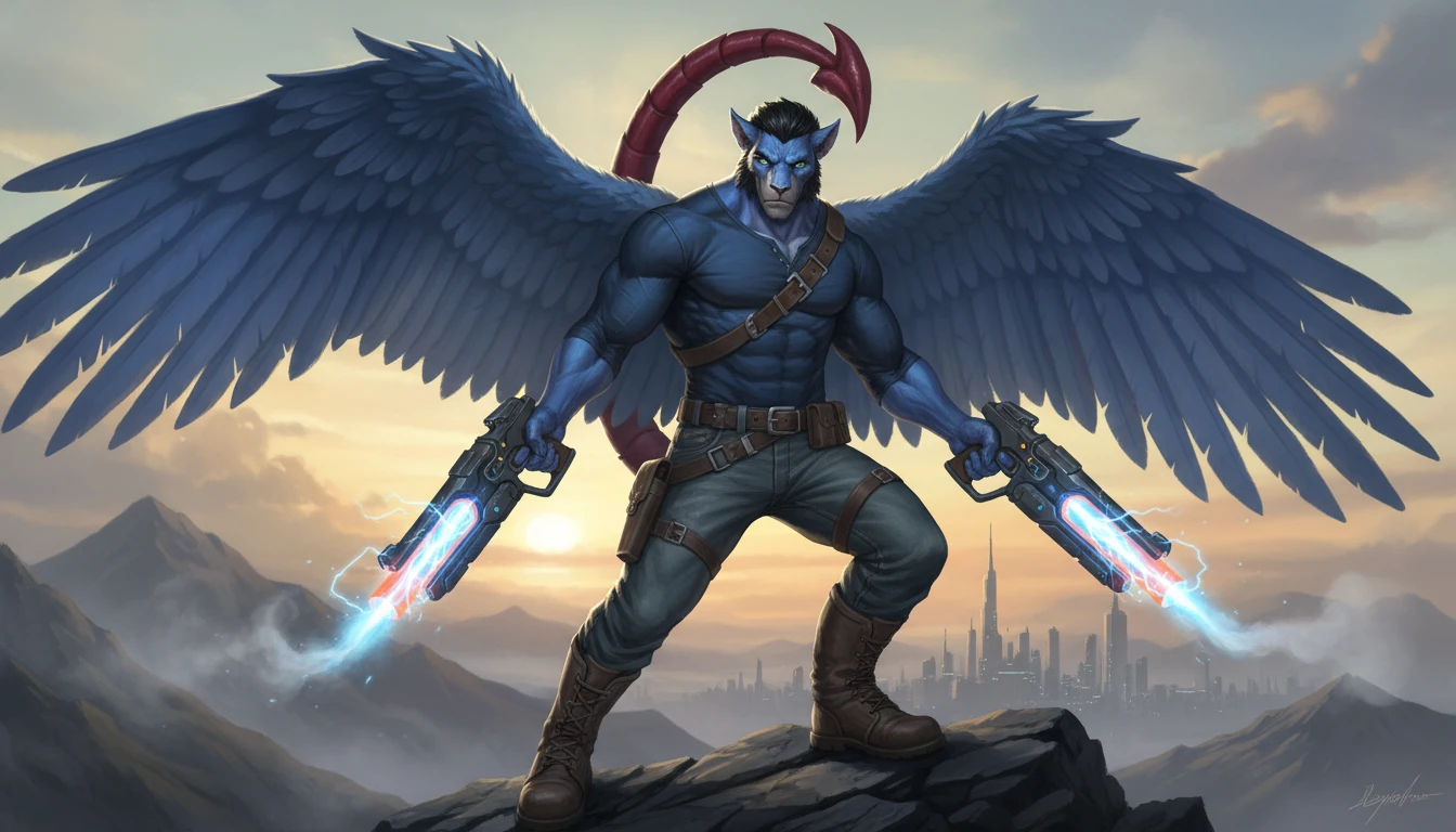 Winged blue manticore anthro with pistols in casual clothes