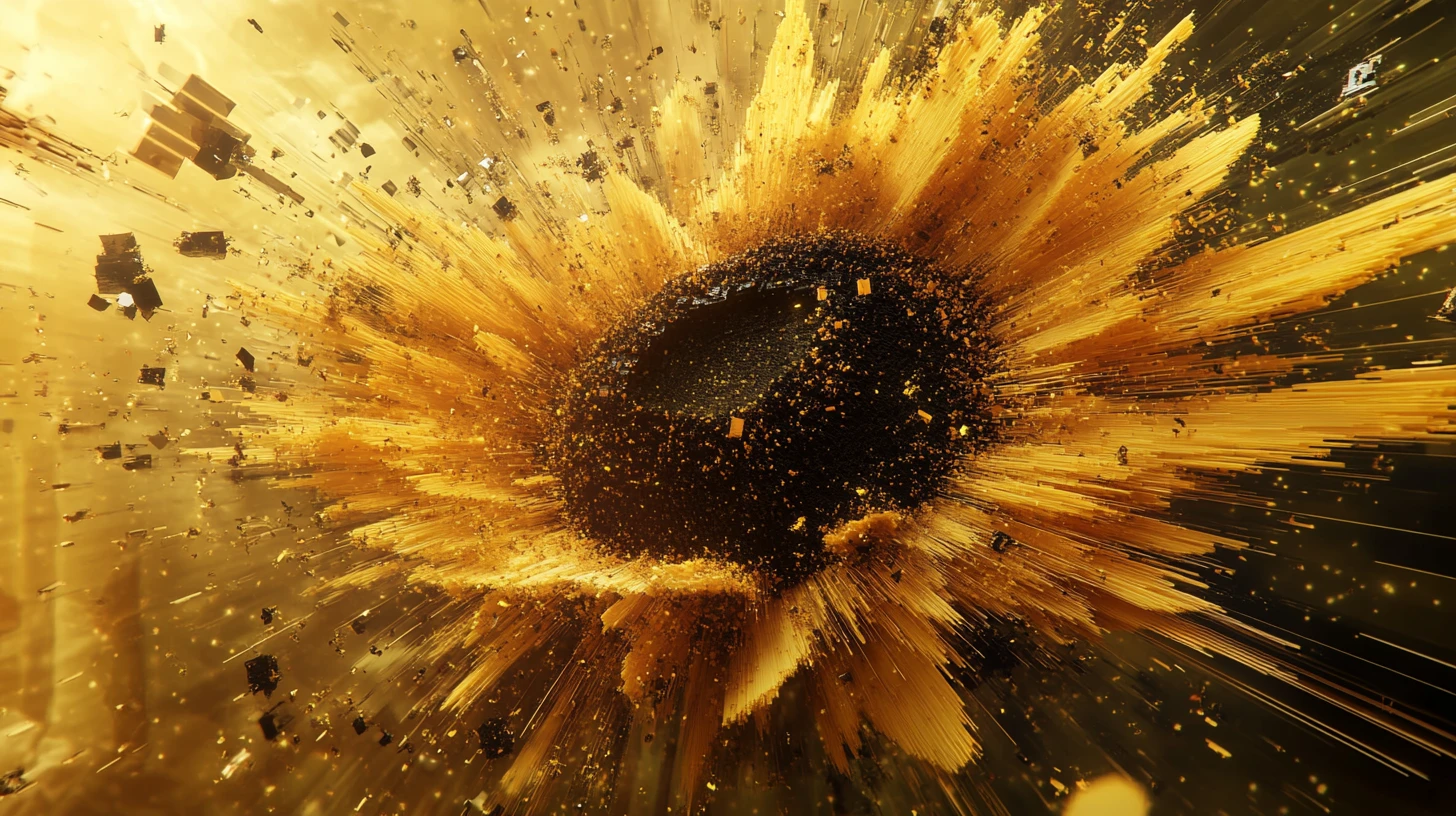 Sunflower Exploding Into Voxel Fragments And Linear Streaks