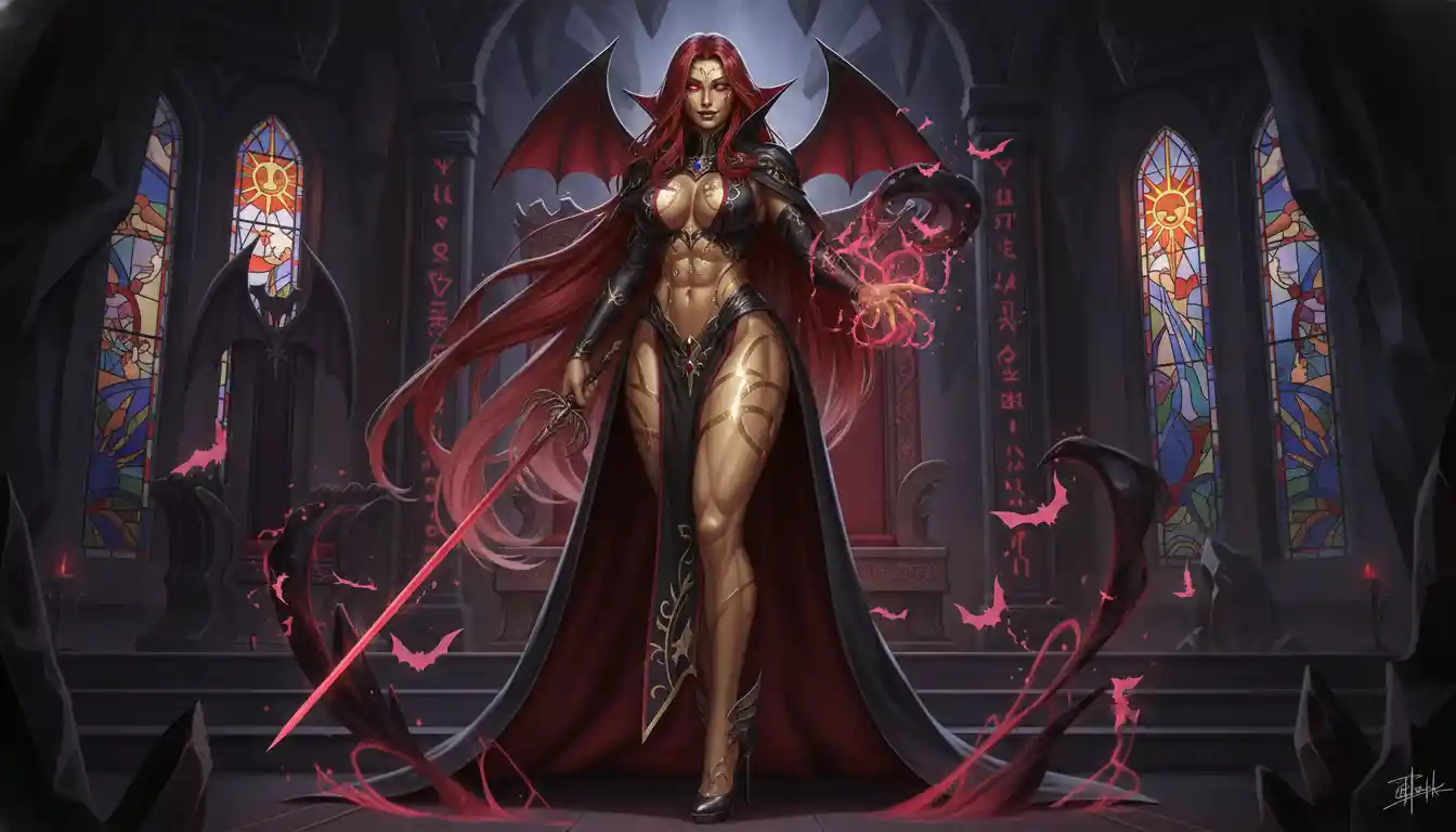 Vampire queen with scarlet hair and glowing red eyes