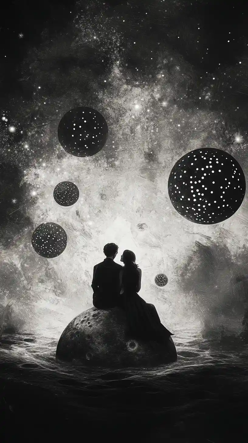 Gothic couple on a small moon in surreal outer space