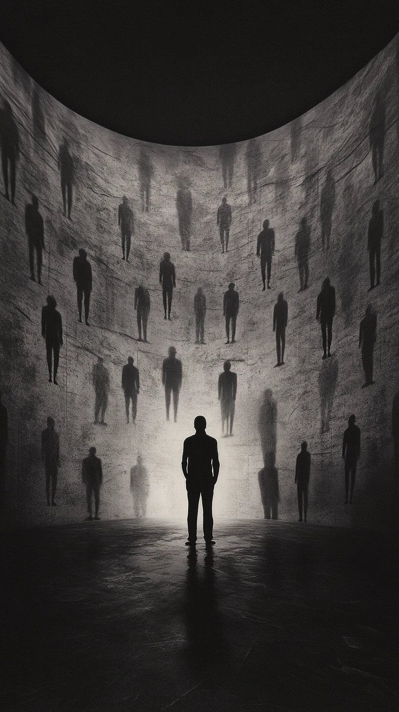 Illuminated figure in vast chamber of ghostly silhouettes