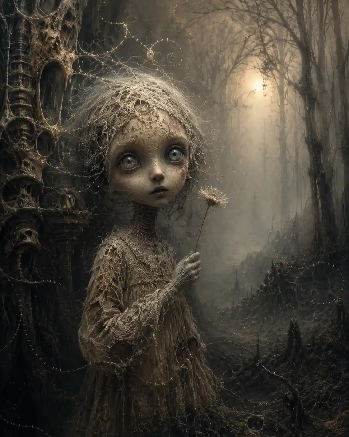 Surreal child with dandelion at the edge of misty forest