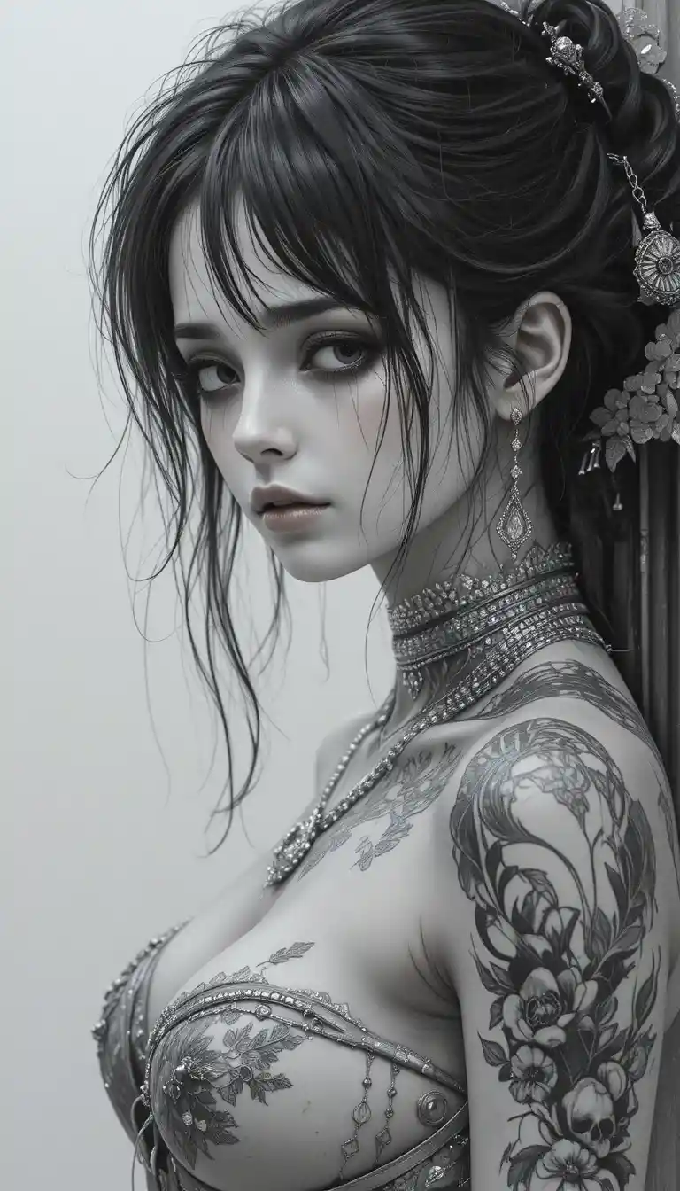 Sad Japanese girl with black tears and silver jewelry