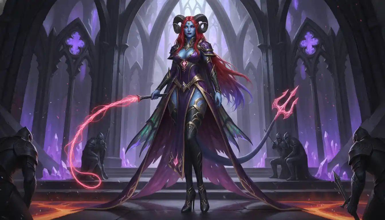 Tall blue skinned succubus queen in regal demonic attire