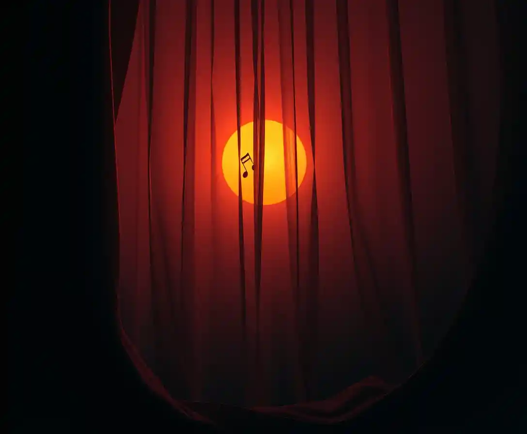 Surreal curtain opening from shadow into peaceful dawn