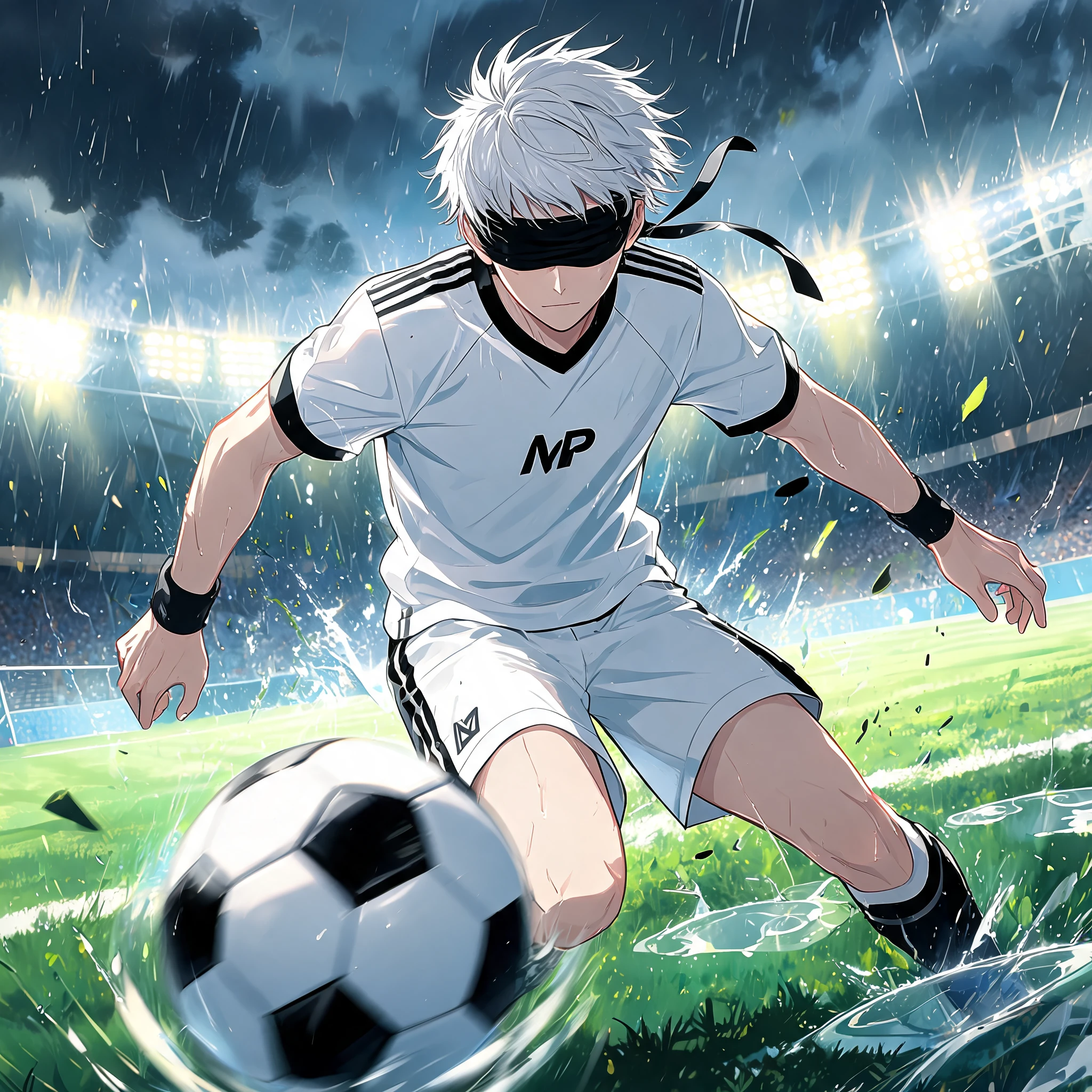 Blindfolded anime soccer prodigy on a stormy field