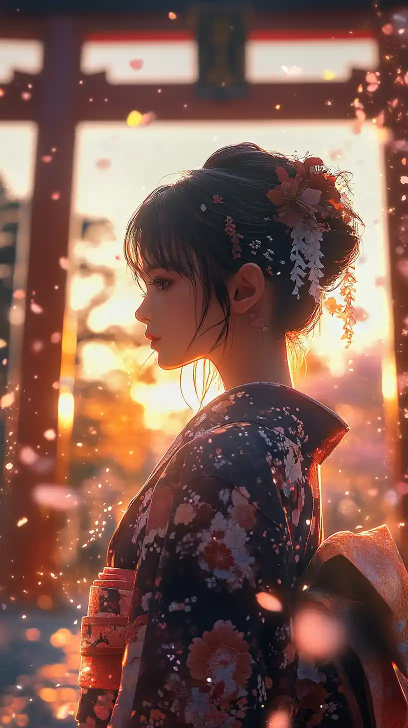 Anime woman in kimono at torii gate at dusk