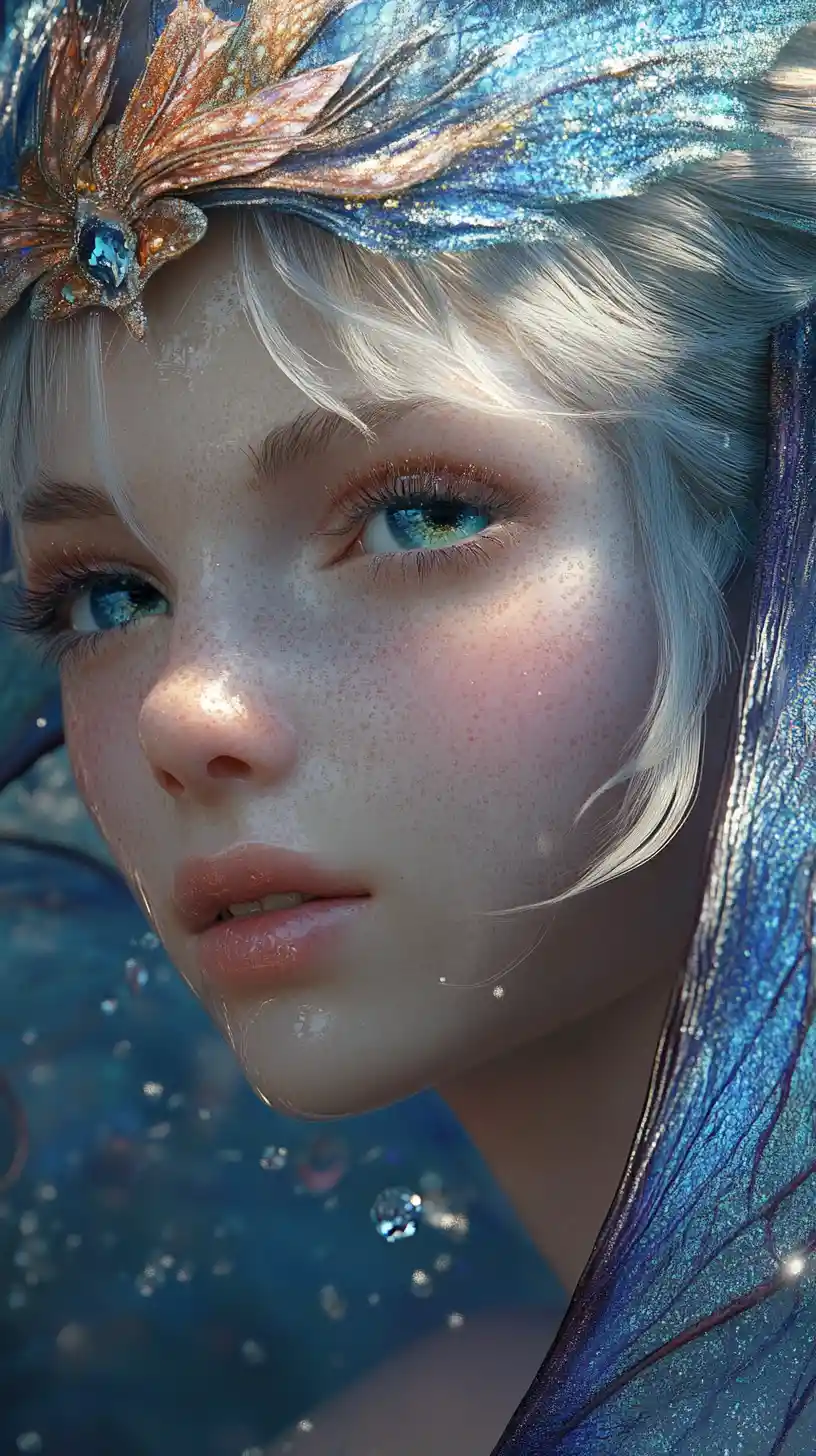 Ethereal aquatic fairy portrait in a glowing coral reef