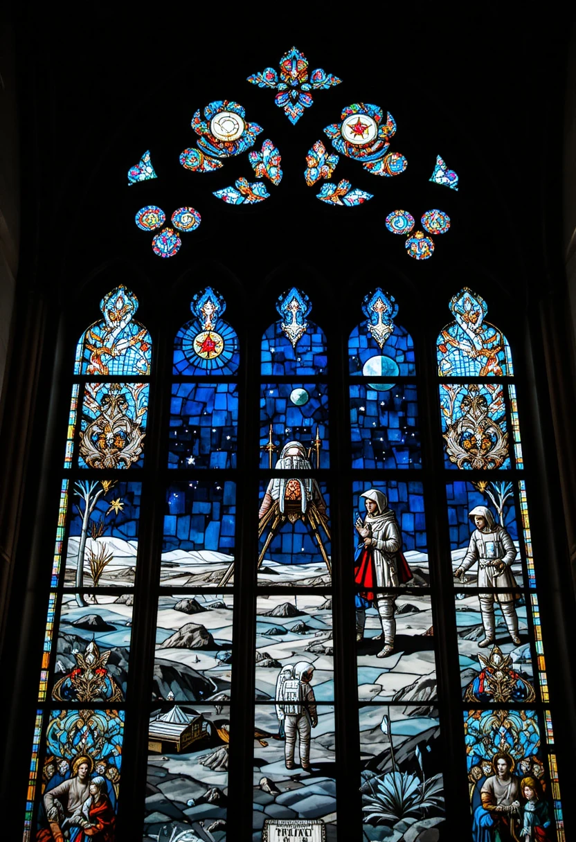 Close up stained glass window of a cathedral interior