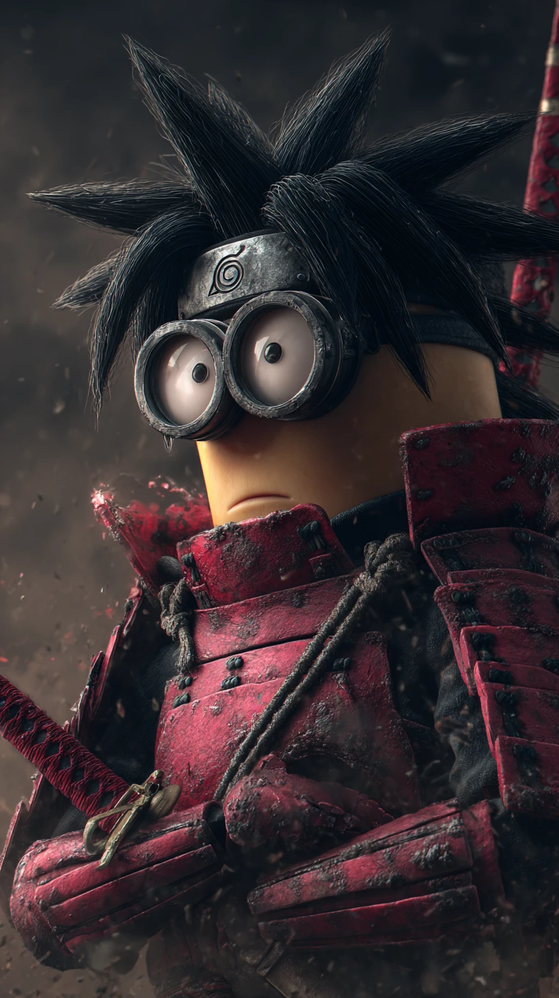 Anime warrior stands on a dark battlefield in samurai armor