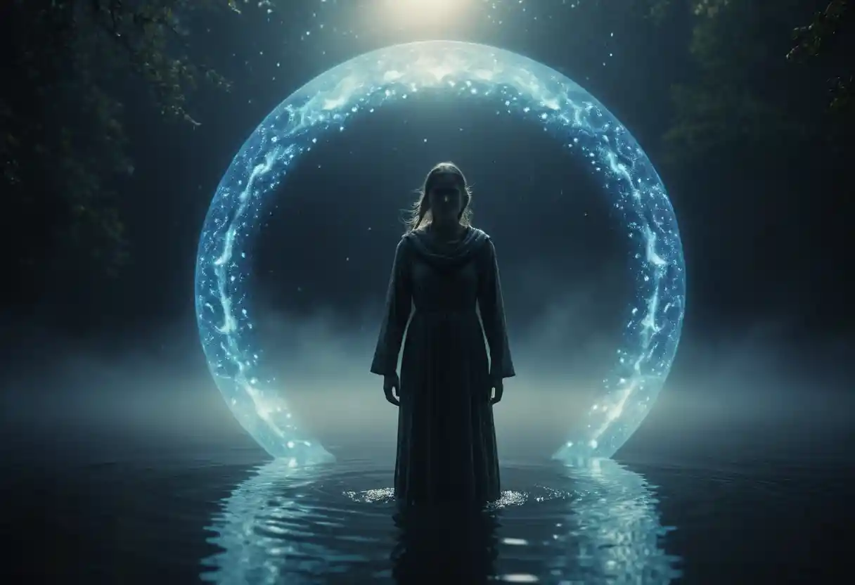 Full body woman linked to a glowing cosmic water circle