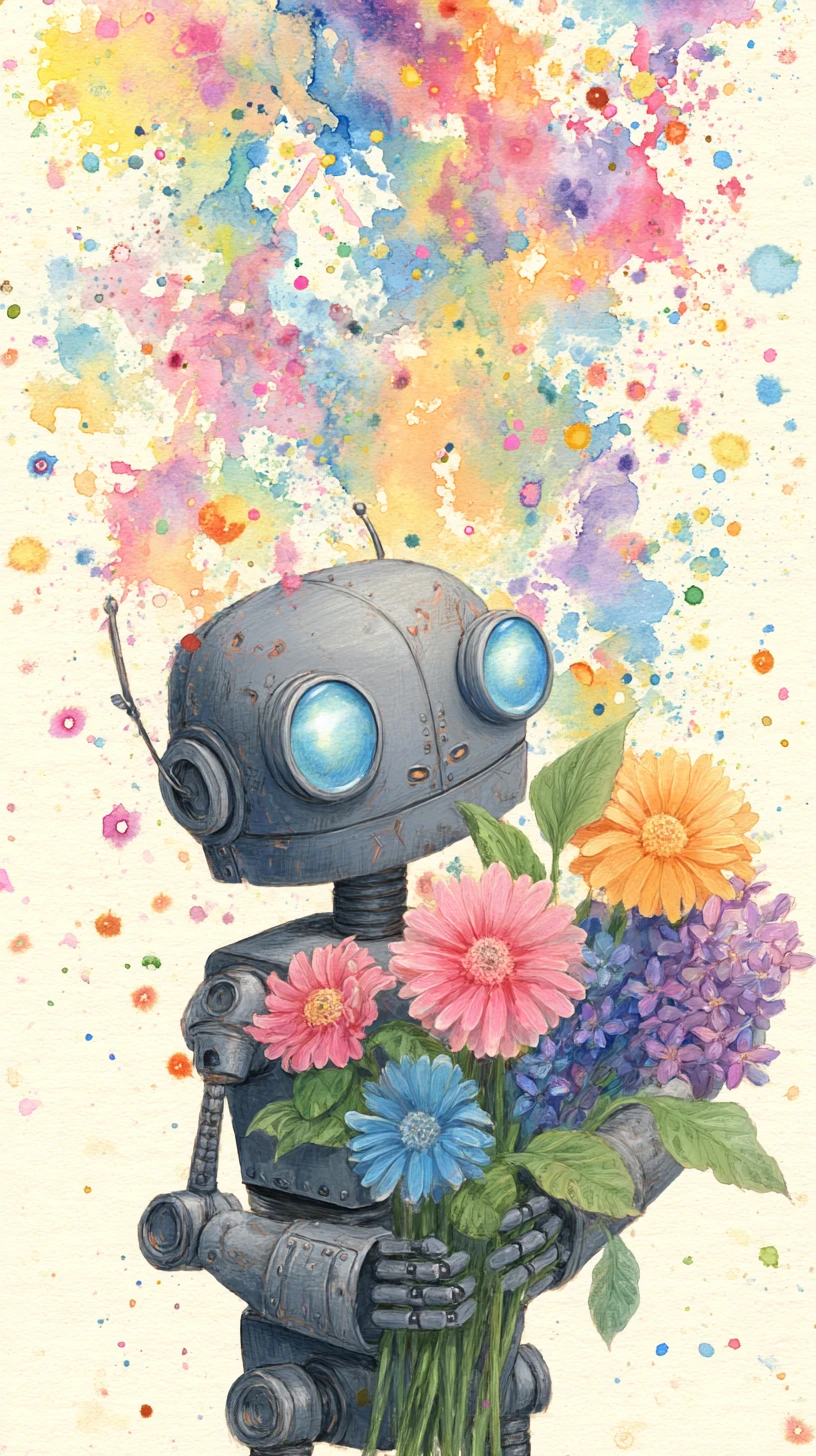 Cute retro robot holding colorful watercolor flowers