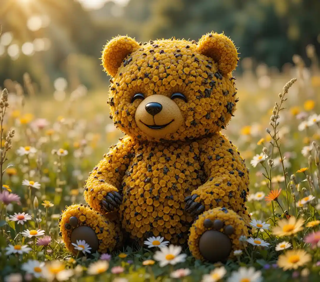 Adorable bee bear resting in a sunny wildflower meadow