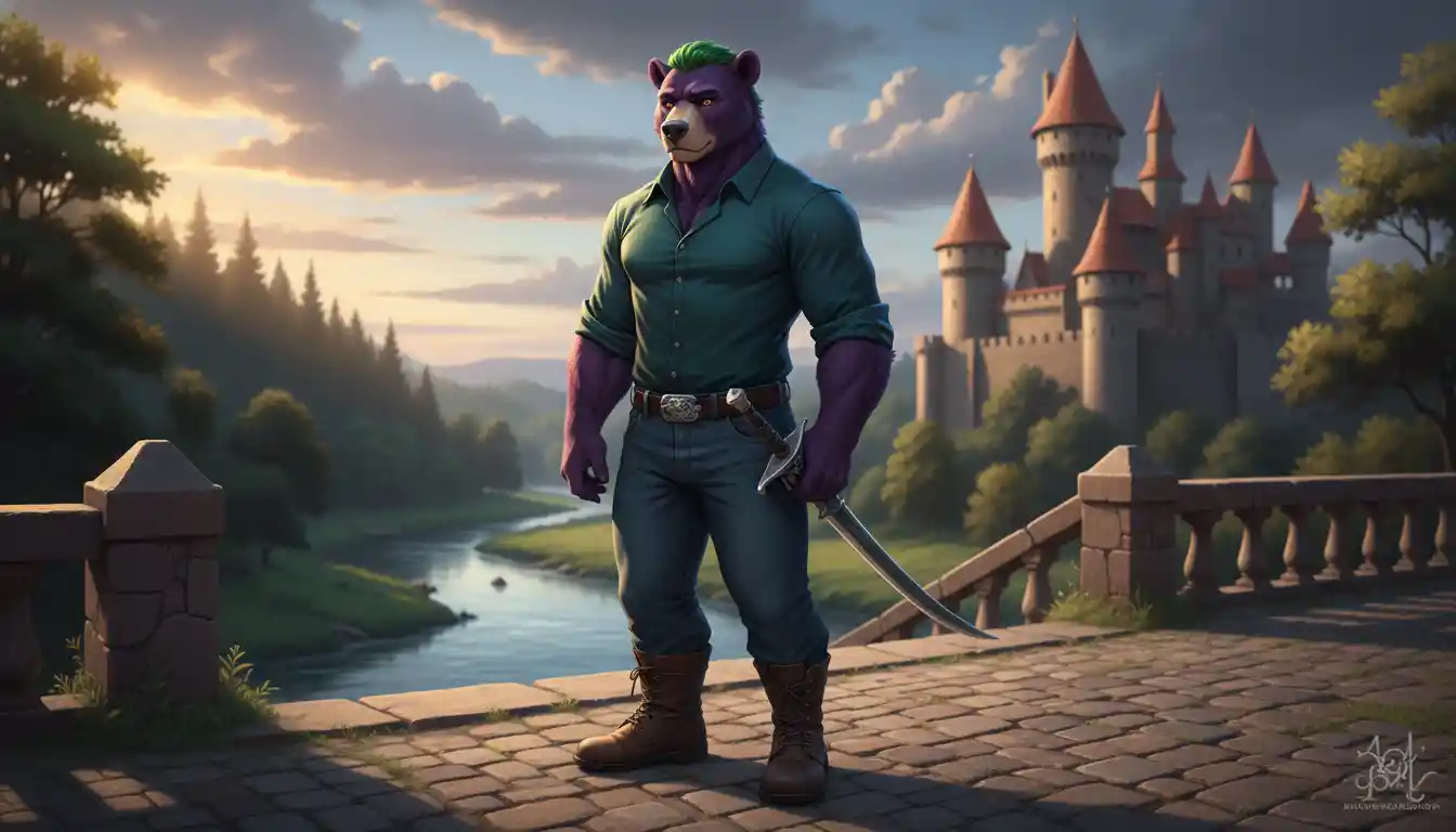 Anthro Purple Bear Warrior With Green Hair And Sword
