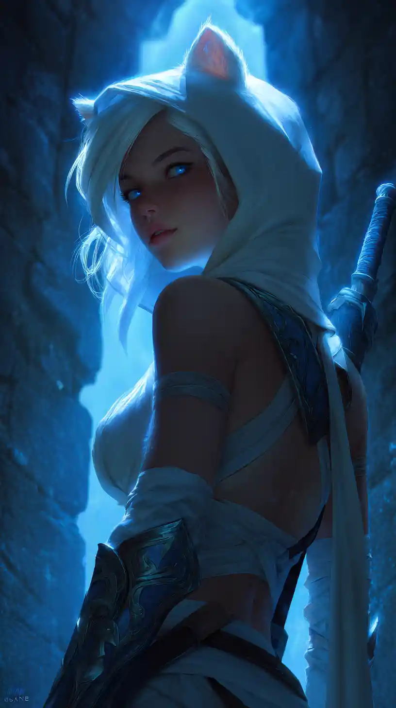 White haired cat eared warrior in a glowing stone corridor
