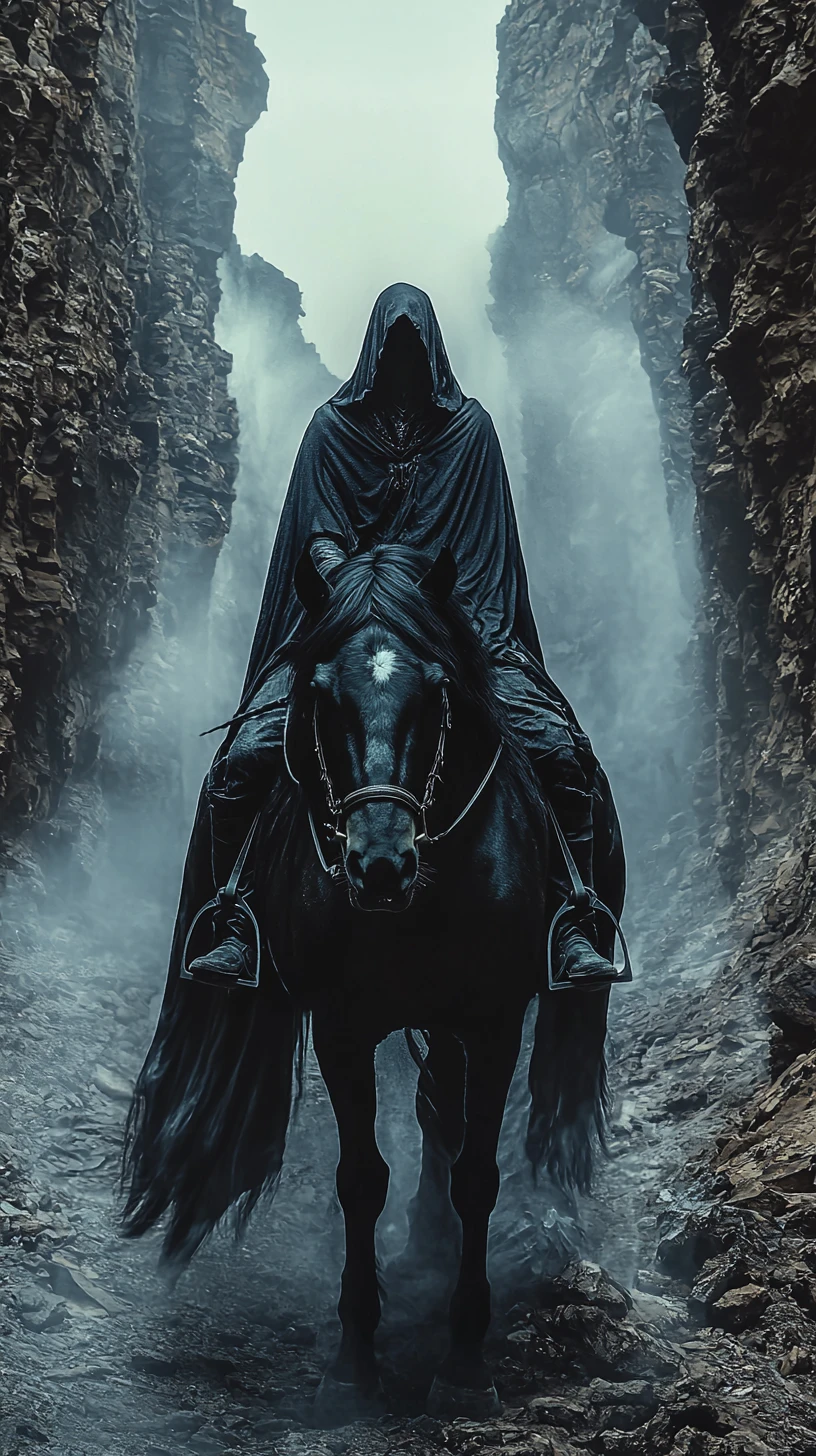 Hooded rider on a black horse in a misty canyon