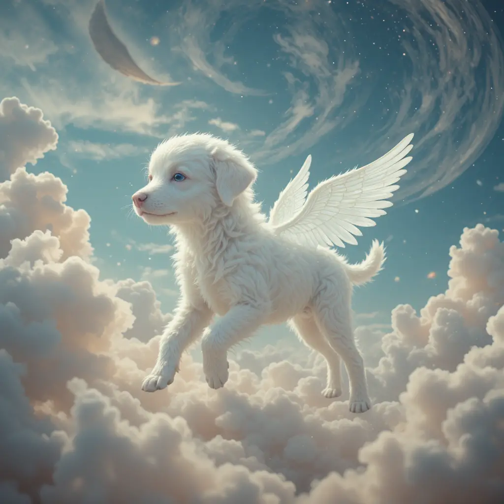 Winged puppy floating in pastel celestial clouds