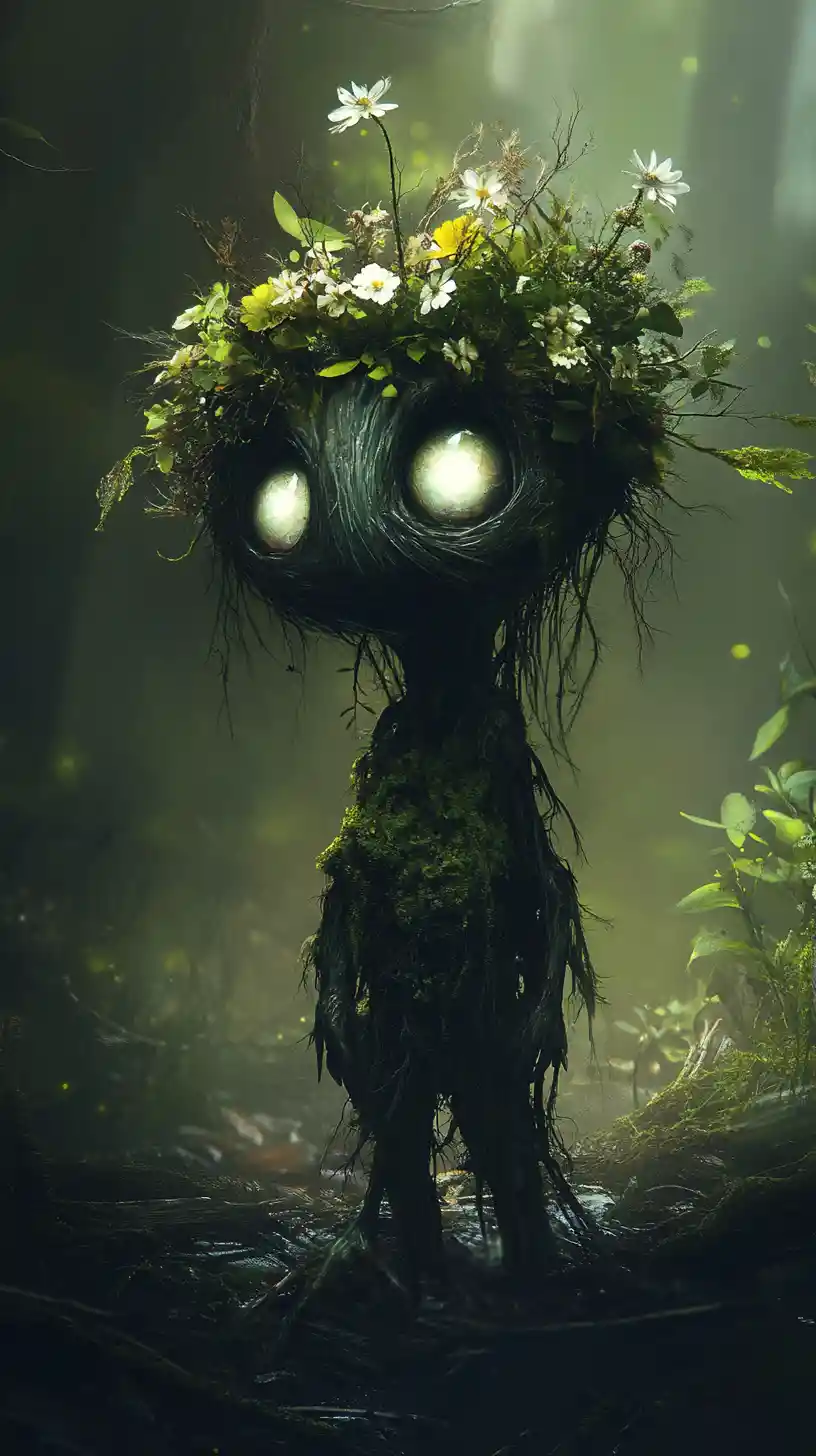 Small crowned forest spirit in a dark glowing woodland