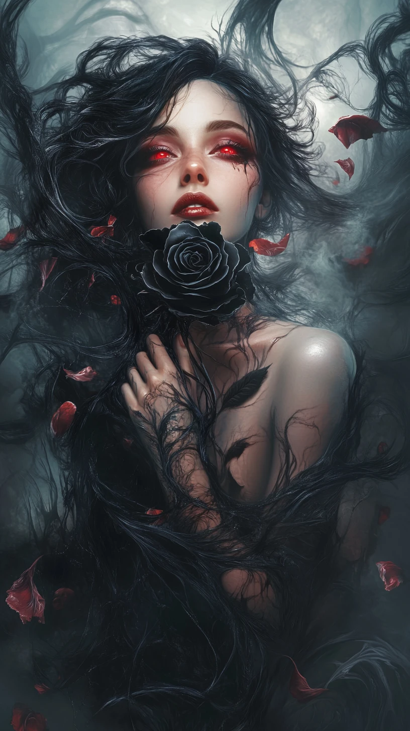 Dark haired woman with black rose in gothic void