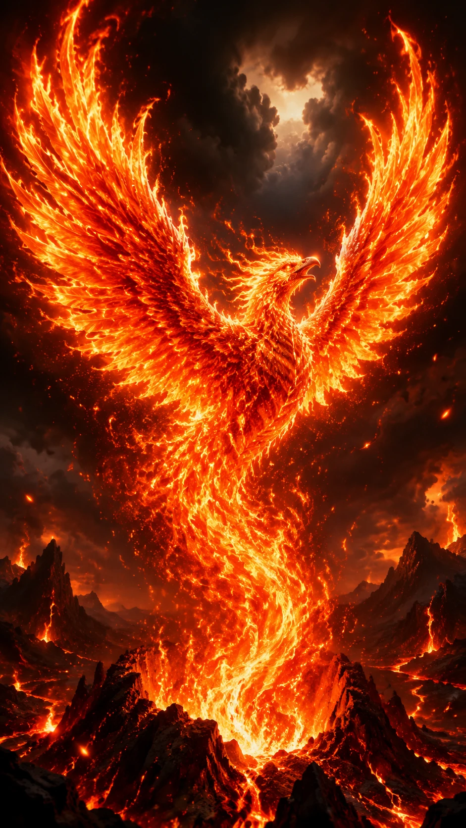 Fiery phoenix rising from a volcanic crater in stormy skies