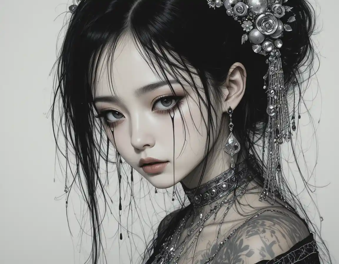 Sad Japanese girl with black tears and silver jewelry